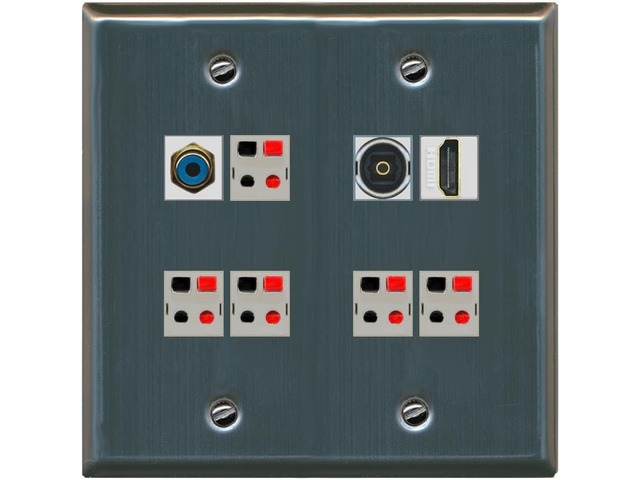 2 Gang Spring Clip Style 5.1 Speaker Wall Plate With 1 Port HDMI TOSLINK RCA Connectors - Flat 2 Gang [Stainless Steel]