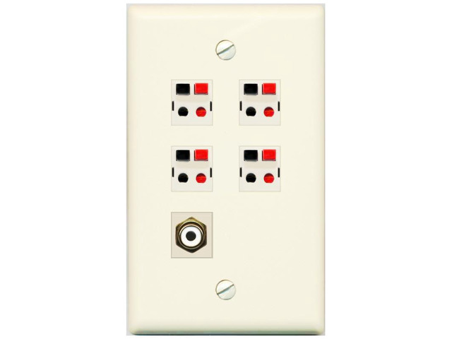 4 Port Speaker Wire Plug Jack Wall Plate with 1 RCA for Subwoofer - Flat Style [Light-Almond]