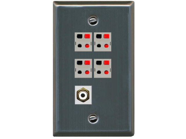 4 Port Speaker Wire Plug Jack Wall Plate with 1 RCA for Subwoofer - Flat Style [Stainless Steel]
