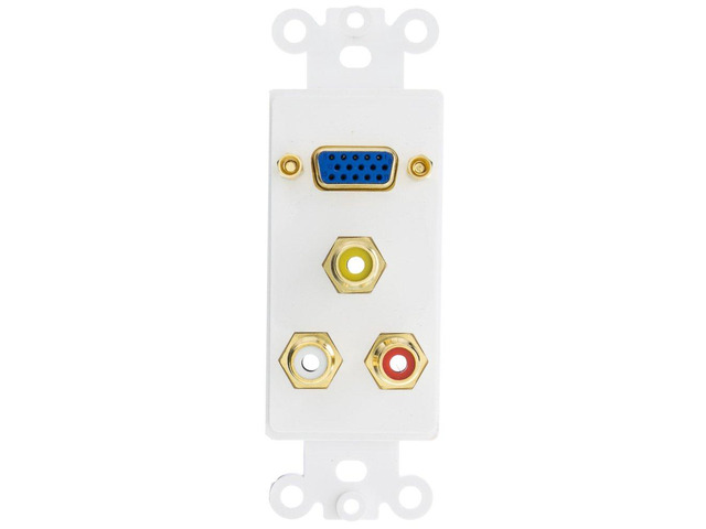 Decora Wall Plate Insert, White, 1 VGA Coupler and 3 RCA Couplers (Red/White/Yellow), HD15 Female and RCA Female