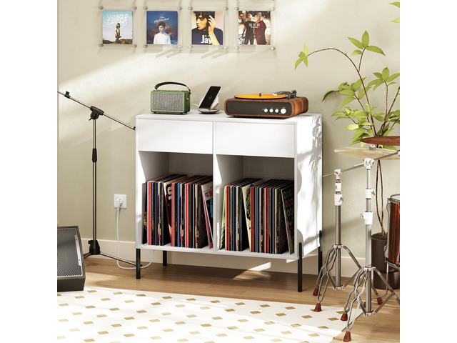 Large Record Player Stand with Charging Station, Mid Century Wood Turntable Stand with 2 Storage Drawers & Compartments, Vinyl Record Storage for...