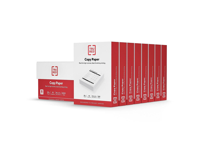 TRU RED by Copy/Printer Paper, 8.5x11, 20lb, 92 Bright, 4,000 Sh/Ct White letter-size multipurpose paper for office, school & home. 8 reams per carton