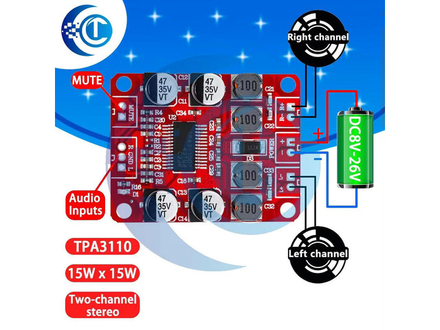 2×15W Dual Channel Amplifier Module - DC 12V TPA3110 Red PCB for Desktop Speaker DIY Projects