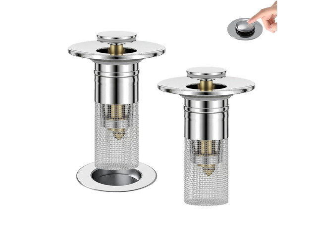 Lanjiesh 2PCS Bathroom Sink Drain Strainer, Pop-up Stopper Hair Catcher with Stainless Steel Filter Basket, Universal Replacement Drain Plug for...