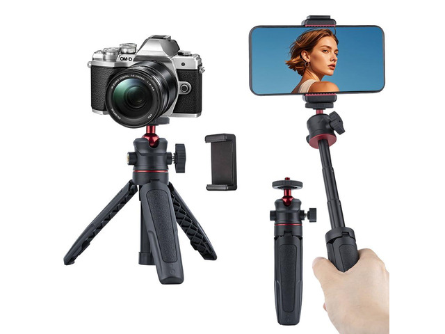 Mini Tripod Selfie Stick 3-in-1 Extension Pole with Phone Clamp - Aluminum Vlogging Stand for Smartphone Action Camera Webcam 1/4 Thread