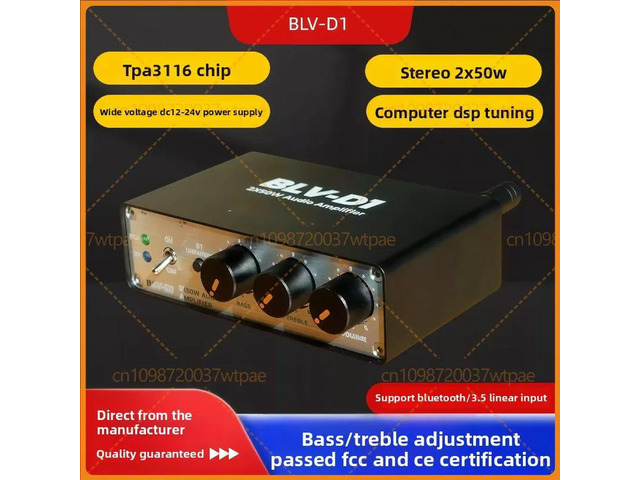 For BLV-D1 TPA3116 Bluetooth 5.3 D-Class Amplifier Board 2×50W DSP Treble Bass Adjustment PD Power Supply