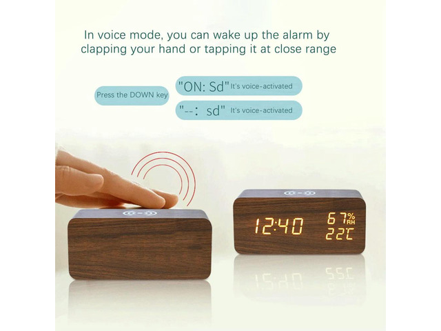 Digital Alarm Clock, Temperature and Humidity Alarm Clock LED Electronic Clock phone Charger (Wood Color)
