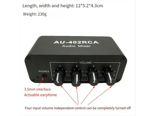 AU-402RCA Stereo Audio Mixer Multi-Channel Audio Source Reverberator Volume Control 3.5mm Headphone Driver 4 Input