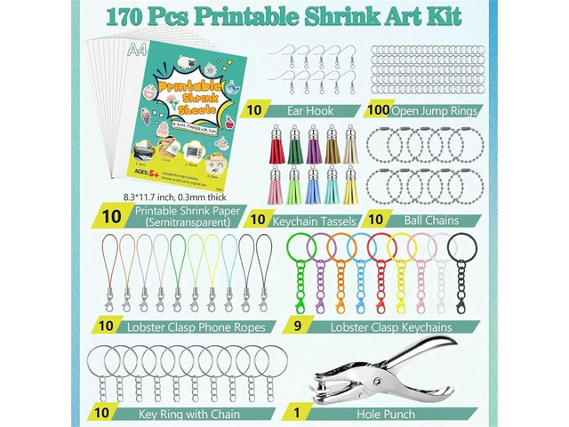 170 Pcs Printable Shrink Dink Sheets Kit,A4 Semitransparent Plastic Shrink Dink Printer Papers, Kids DIY Keychain Making