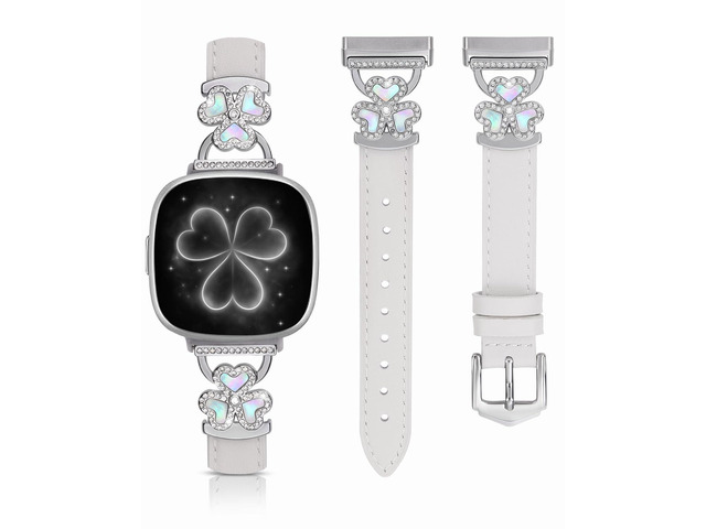 Leather Bands Compatible with Fitbit Versa 4/Versa 3/Sense 2/Sense Band for Women, Slim Thin Dressy Watch Strap with Clover Charm - Decorative...
