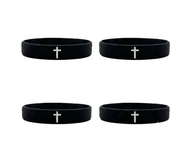 Pulex Christian Silicone Cross Embossed Wristbands, Black and White, Rubber Bracelets for Sports & Daily Wear, 4 Pack