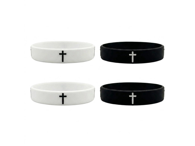 Pulex Christian Silicone Cross Embossed Wristbands, Black and White, Rubber Bracelets for Sports & Daily Wear, 4 Pack