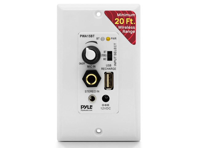 Wireless BT Receiver Wall Mount - 100W In-Wall Audio Control Receiver w/ Built-in Amplifier, USB/Microphone/Aux (3.5mm) Inputs, Speaker Terminal...