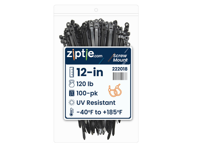 12-Inch Black Zip Ties With Screw Hole - 120-lb Tensile Strength Cord Management & Secure Mounting - UL 21 Listed Tie Wraps - Indoor & Outdoor...