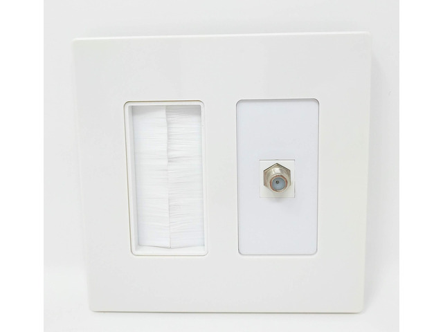 Mesh Brush Coax Cable TV Wall Plate Dual 2 Gang Screwless Decorative White
