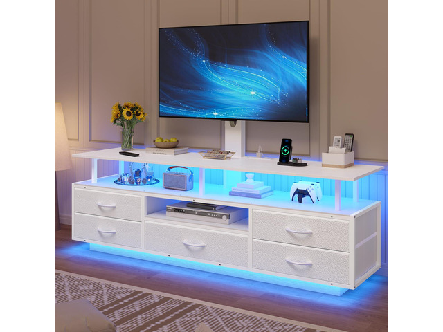 LED TV Stand with Mount for Living Room, 55, 60, 70 TV, 6 Drawers White 51.2' TV Stand with storage, Power Outlets, Entertainment Center with TV...