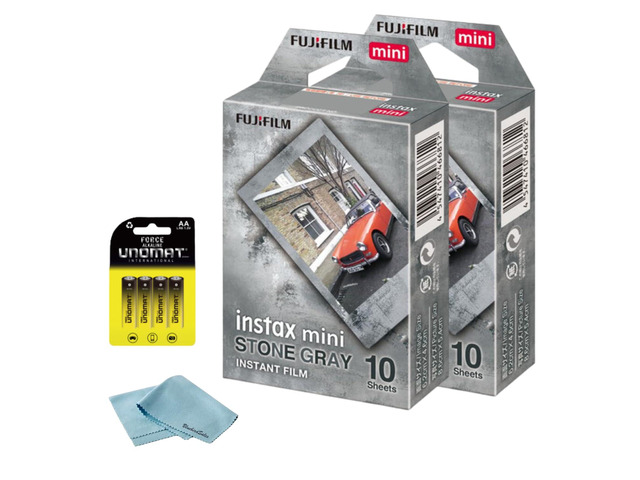 Instax Mini Stone Gray Instant Film (20 Shots) + 4 AA Batteries + BluebirdSales Microfiber Cleaning Cloth Creative Photography Bundle (Mini Stone...