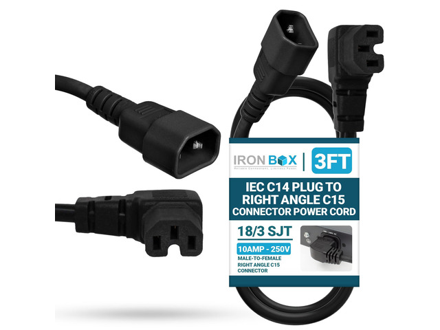 IronBox Electric IEC C14 Plug to Right Angle C15 Connector Power Cords - 10A, 250V, 18/3 SJT - Heavy Duty Power Supply Extension Cord - UL Listed...