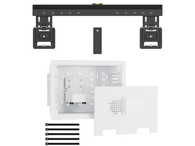 Ultra Slim TV Mount with 9' Media Box for 43-100' TVs 0.37in micro gap design, hidden AV cable kit with vented cover, adjustable shelf, and straps