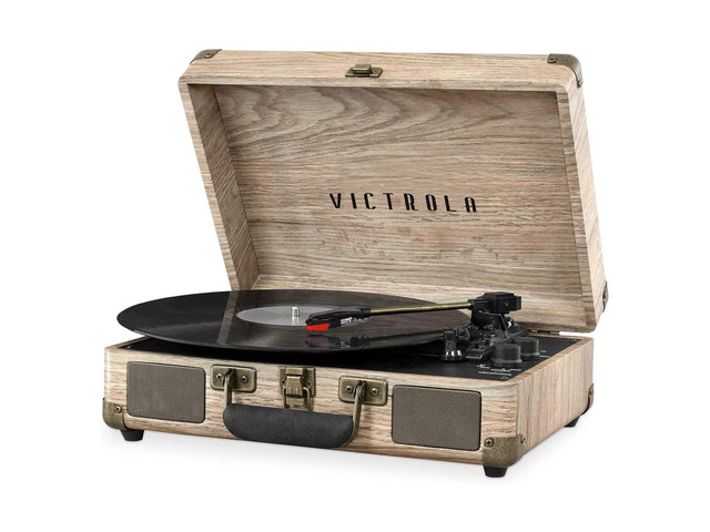 Journey - Bluetooth Suitcase Record Player - Oatmeal Built-in stereo speakers, 3-speed turntable plays 7', 10' and 12' records, Bluetooth...