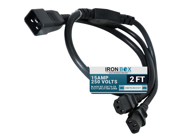 IronBox Electric Black IEC C20 to 2X C13 Y Splitter Cord - 1ft (1foot leg) - 15A/250V - 14/3 AWG - UL Listed Power Outlet Splitter - Heavy Duty...