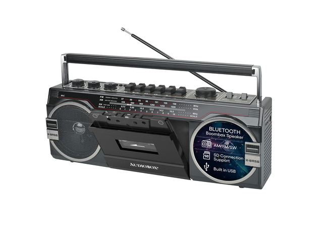 Retrobox Bluetooth Speaker with AM/FM/SW Radio, Black MP3 Playback, USB & SD Card Support, 3.5mm Jack, Built-In Boombox Speaker, Cassette Player,...