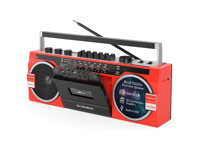 Retrobox Bluetooth Speaker with AM/FM/SW Radio, Red MP3 Playback, USB & SD Card Support, 3.5mm Jack, Built-In Boombox Speaker, Cassette Player,...
