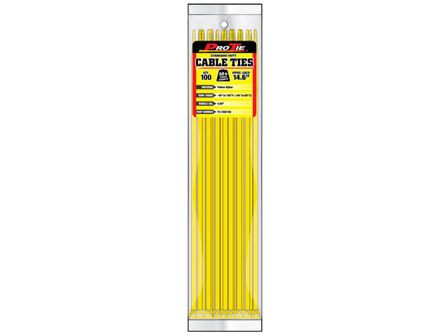 Pro Tie Standard Duty, Self-Locking Nylon Cable Wire Ties for Indoor and Outdoor Use 14.6-Inch, 50 lbs. Tensile Strength, Yellow Nylon, 100-Pack...