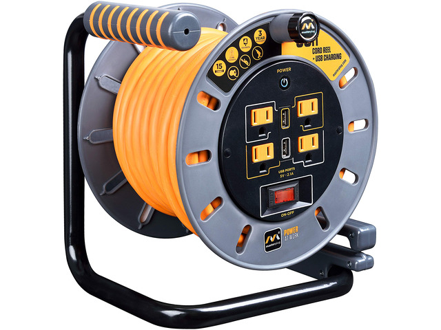 50ft Cord Reel, Retractable Extension Lead with Winding Handle, Safety Overload Circuit Breaker and Power Switch, 4x Grounded Outlets, 2x USB...