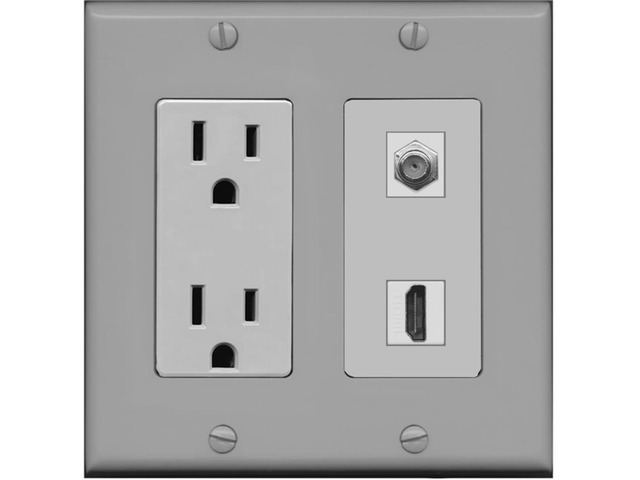 15 Amp Power Outlet and 1 Port HDMI Coax Cable TV- F-Type Decorative Wall Plate - Gray