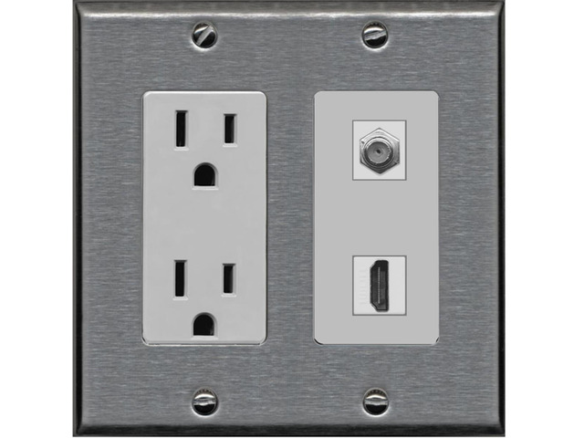15 Amp Power Outlet and 1 Port HDMI Coax Cable TV- F-Type Decorative Wall Plate - Stainless Steel/Gray