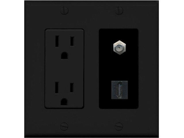 15 Amp Power Outlet and 1 Port HDMI Coax Cable TV- F-Type Decorative Wall Plate - Black