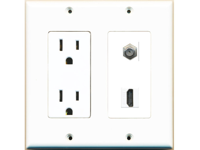 15 Amp Power Outlet and 1 Port HDMI Coax Cable TV- F-Type Decorative Wall Plate - White