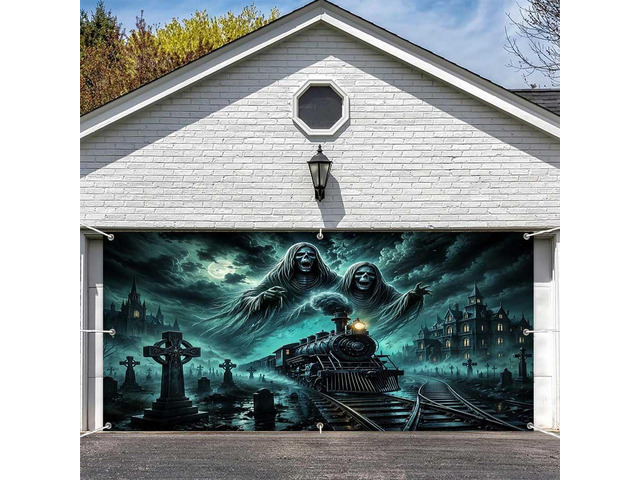 Halloween Ghost Garage Door Cover Banner, 8 x 7FT Hanging Backdrop Decorations for Home Outdoor Indoor Spooky Party Wall Window Yard