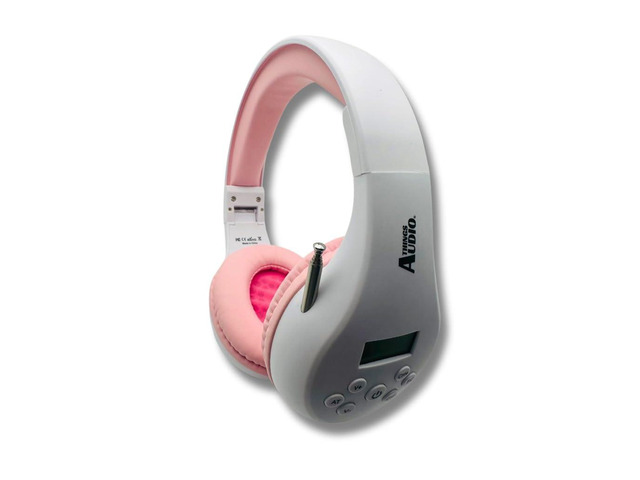 FM Radio Headphones, White & Pink Adjustable, Pull-Out Antenna, Portable Personal Radio, Battery Powered
