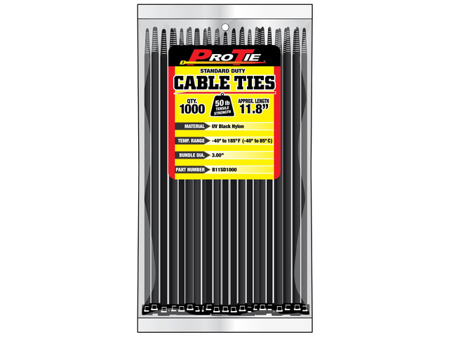 Pro Tie Standard Duty, Self-Locking UV Nylon Cable Wire Ties for Indoor and Outdoor Use 11.8-Inch, 50 lbs. Tensile Strength, UV Black Nylon,...