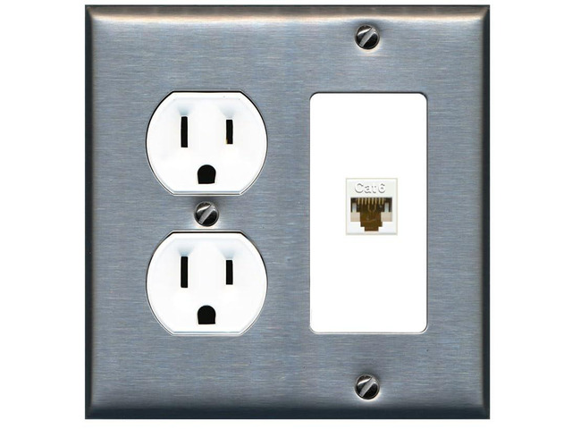 1 Port Cat6 Ethernet Wall Plate Jack Female-Female - Round Outlet [Stainless/White]