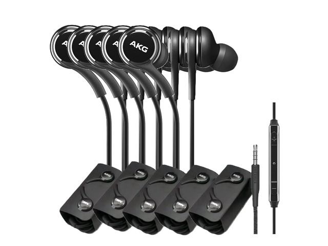 Wired Earbuds 5-Pack Galaxy, AKG Tuned in-Ear Headphones with Mic, Tangle-Free Cable & Ear Gels, 3.5mm Jack, Bulk Packaging in Black