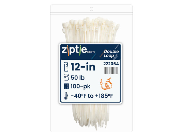 12-inch Natural Double Loop Cable Tie, 50-lb Tensile Strength, 100-Pack