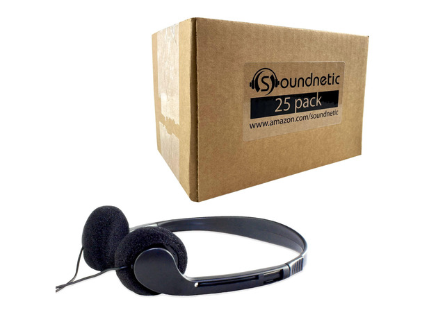 SN09 Bulk Headphones 25 Pack Disposable Stereo Classroom Headphones, Black Affordable for Schools, Testing, Libraries