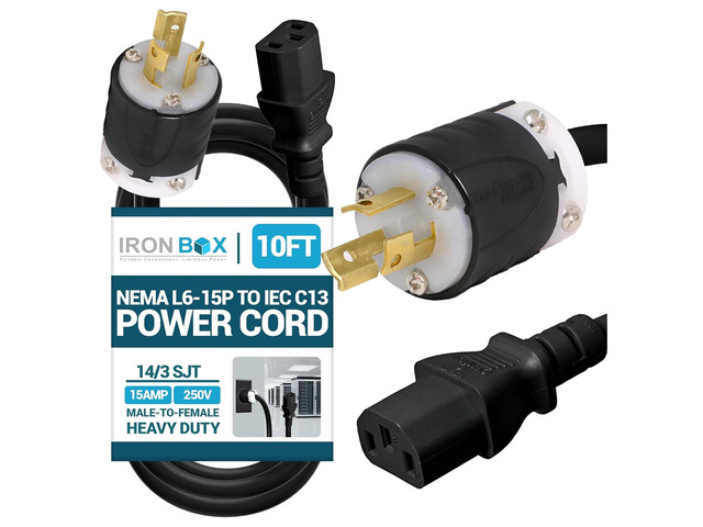 IronBox Electric NEMA L6-15P to IEC C13 Power Cord - 15A, 250V, 14/3 SJT - UL Listed Power Supply Extension Cable - Heavy Duty Plug and Connector...