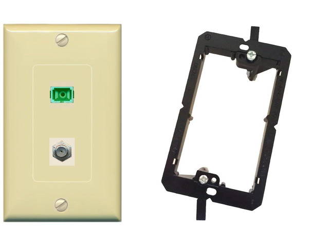 1 Port SC-APC Fiber Simplex 1 Port Coax Cable TV- F-Type Decorative Wall Plate Bracket Included - Ivory