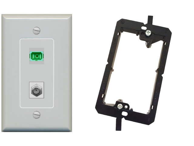 1 Port SC-APC Fiber Simplex 1 Port Coax Cable TV- F-Type Decorative Wall Plate Bracket Included - Gray