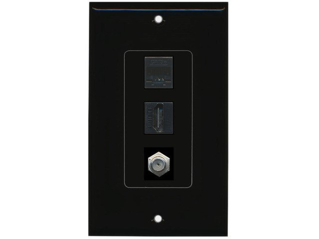 1 Port HDMI 1 Port Coax Cable TV- F-Type 1 Port Cat5e Ethernet Wall Plate Black
