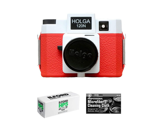 Holga 120N Medium Format Film Camera (Red/White) with Ilford HP5 120 Film Bundle and Microfiber Cloth