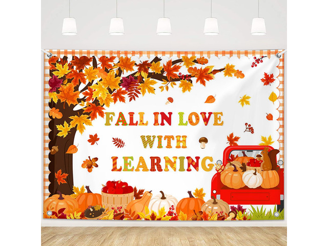7x5ft Fall in Love with Learning Backdrop Autumn Thanksgiving Maple Leaves Fall Kids Students Classroom Elementary Library Decorations Banner...