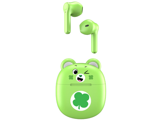 Bluetooth Wireless Earbuds with Charging Case - Built-in Mic, Easy Pairing, Cute Good Luck Bear Design, Green, Perfect for Kids, Teens Fans