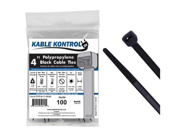 Polypropylene Cable Ties 4 Inch 100 Pcs, 11 Lbs Test, Black PP Zip Ties Chemical, UV, Temperature & Moisture Resistant Food Safe Ties for...
