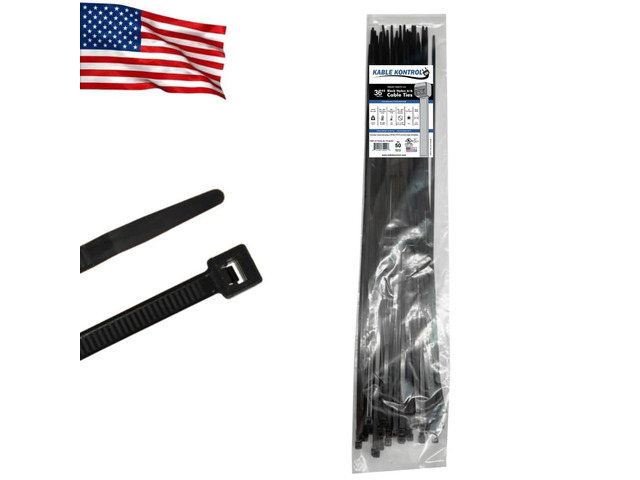 Made in USA Cable Ties, 36 Inch 50 Pcs, 175 Lbs Test Black Self-locking Zip Ties UV Resistant Plastic Nylon Wire Ties, for Indoor or Outdoor Use