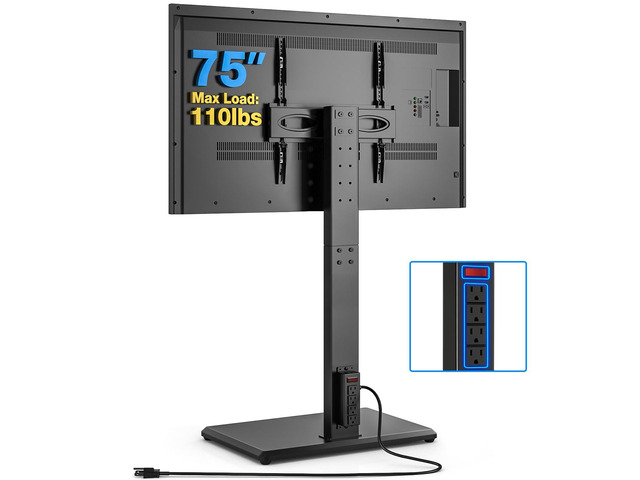 Floor TV Stand with Power Outlet for 32-75 Inch TVs Height Adjustment, 60°Swivel, Wooden Base, Safety Lock, Holds 110 lbs, Max VESA 400x400mm,...